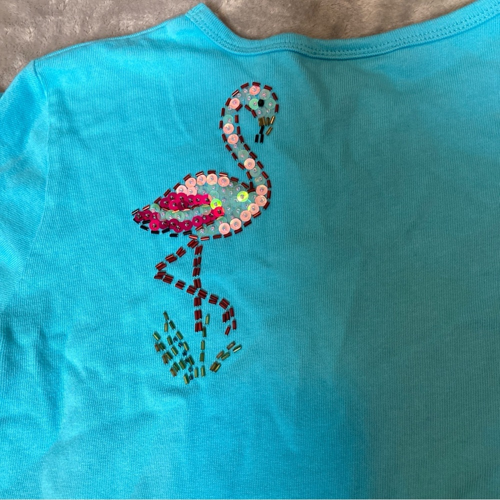 Quacker Factory Turquoise 3/4 Sleeve Tee with Sequin Flamingos - Picture 4 of 15